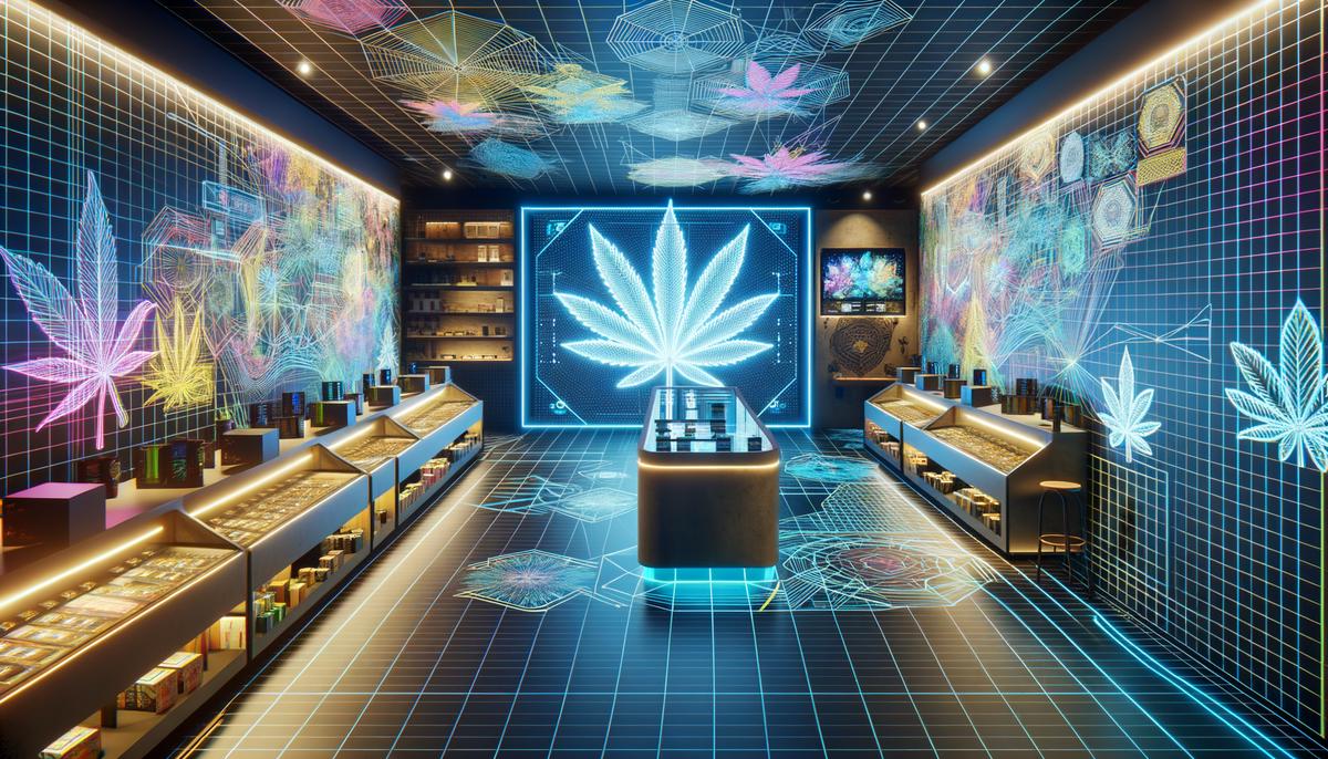 The interior of the Muha Meds store in Los Angeles, featuring modern decor, holographic displays, and custom murals